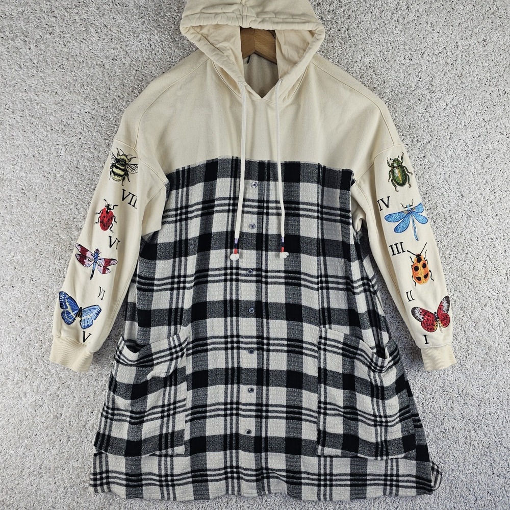 Desigual Oversized Patchwork Button Hoodie Sz Medium Butterflys Bees Bugs Stitch